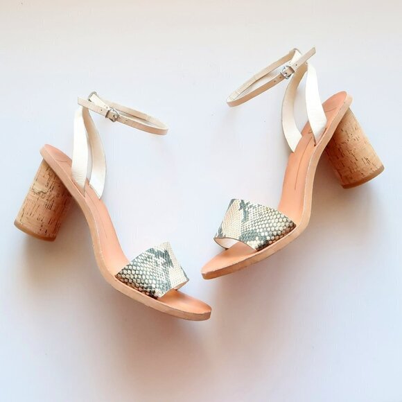 Dolce Vita Jali Snakeskin & White Round Cork Heels / Sandals / Summer Shoes S - Picture 1 of 16